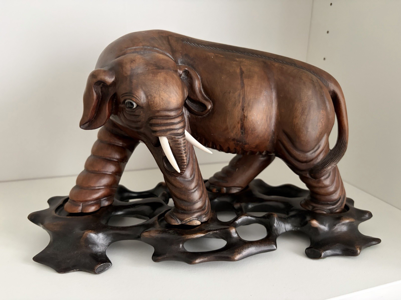 Vintage Chinese Carved Wooden Elephant Sculpture Glass Eyes Ornate Wood Stand