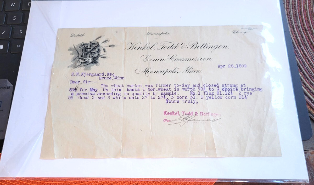 ANTIQUE 1899 KENKEL TODD & BETTINGEN GRAIN COMMISSION MINNEAPOLIS MINN LETTER
