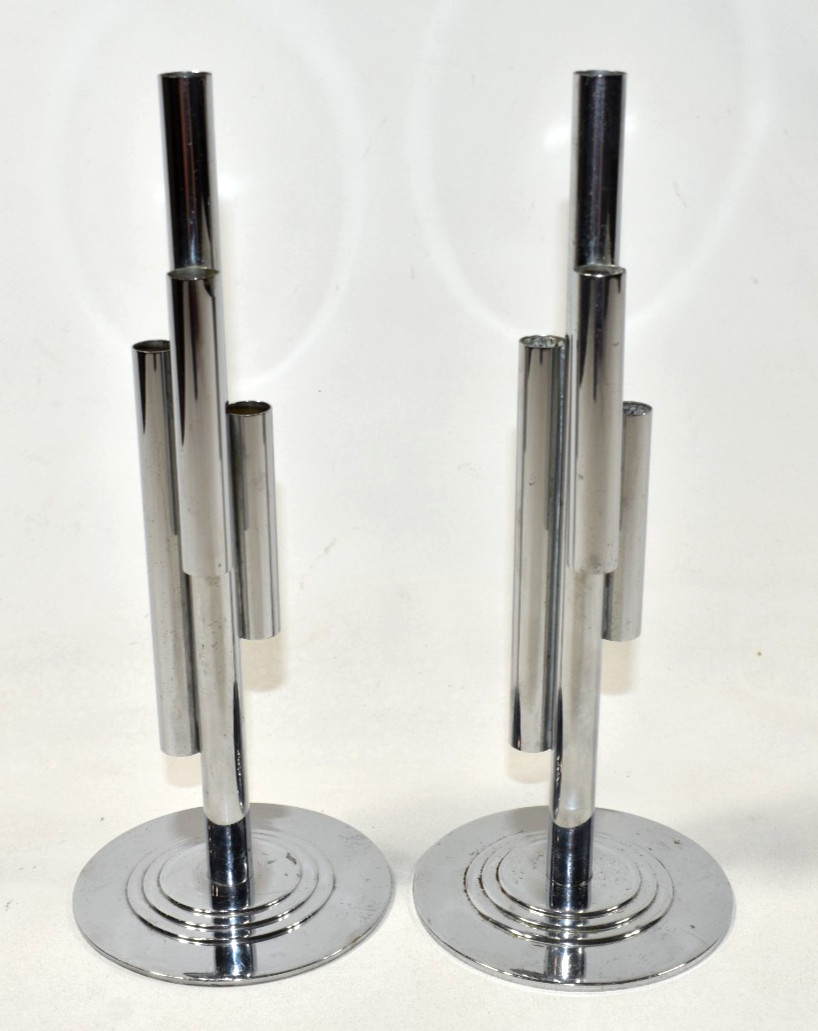 Vtg Ruth William Gerth Chase Co. Tubular Chrome Bud Vases Set Art Deco MCM As-Is