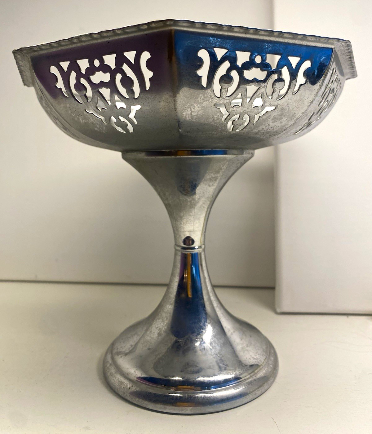 Vintage Farber Bros Krome-Kraft Pierced Pedestal Bowl Compote Silver Tone Vintage Farber Bros Krome-Kraft Pierced Pedestal Bowl Compote Silver Tone