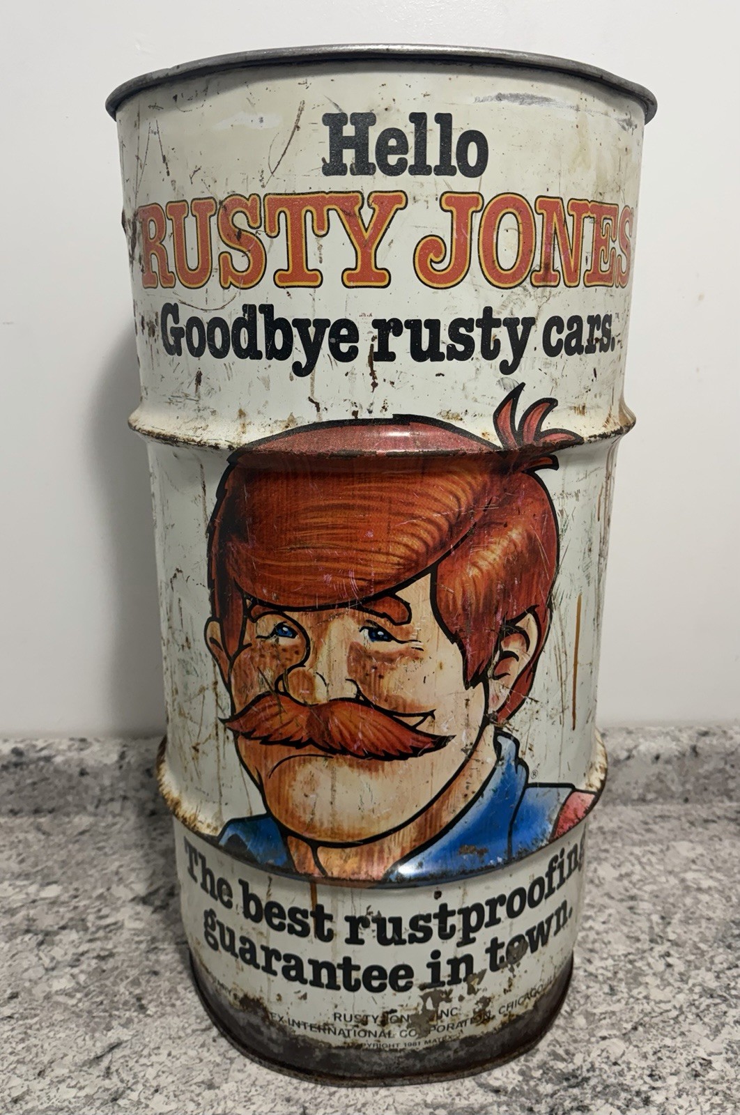Vintage Rusty Jones Rustproofing Metal Drum Trash Can 27\