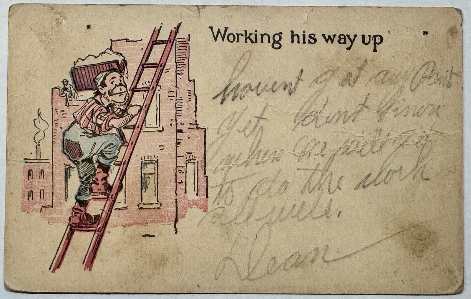 1908 Comic Postcard Working His Way Up Denver & Hillsboro RPO Railway Cancel