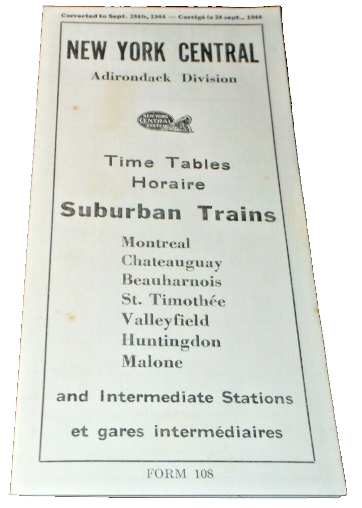 SEPTEMBER 1944 NYC NEW YORK CENTRAL ADIRONDACK DIVISION MONTREAL SUBURBAN PUBLIC