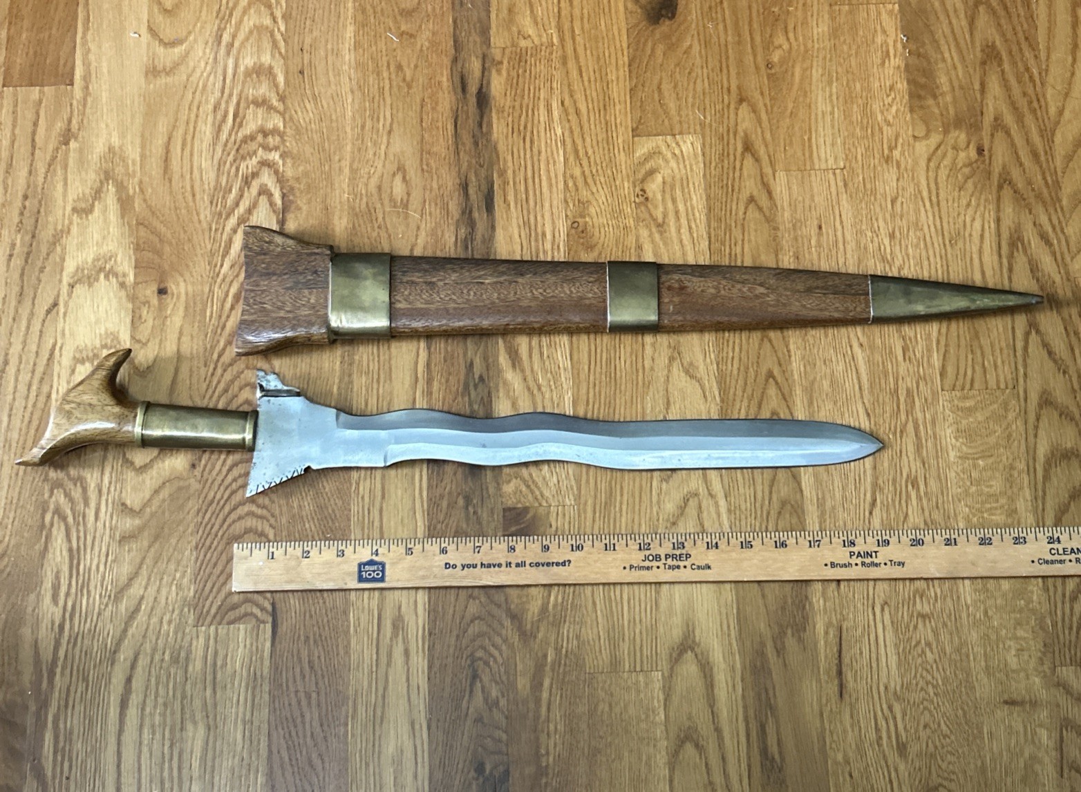 Vintage Carbon Steel Moro Kris Philippines Sword Knife With Wooden Scabbard Vintage Carbon Steel Moro Kris Philippines Sword Knife With Wooden Scabbard