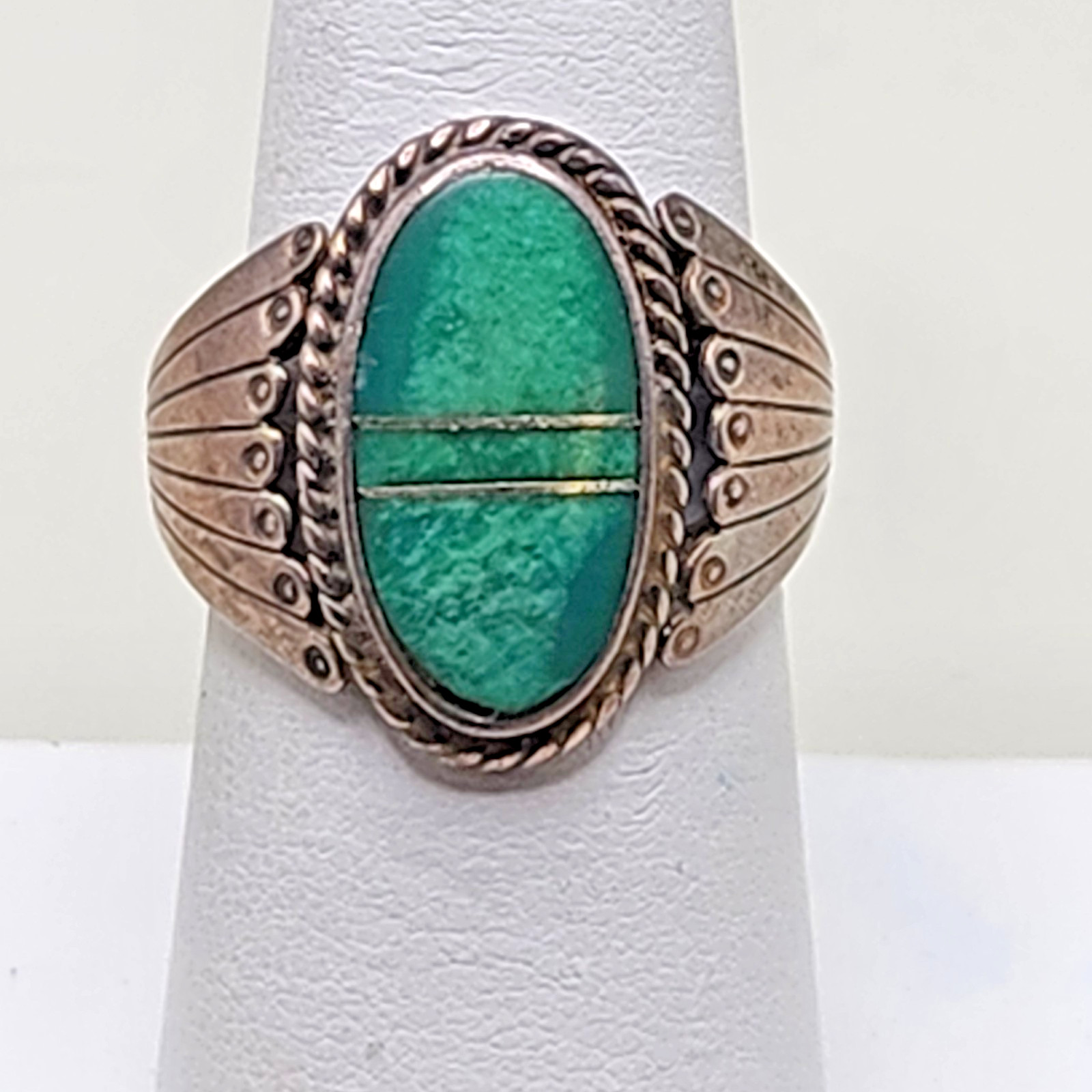 Vintage Native American Sterling Silver Green Turquoise Ring 7 Signed BS 925