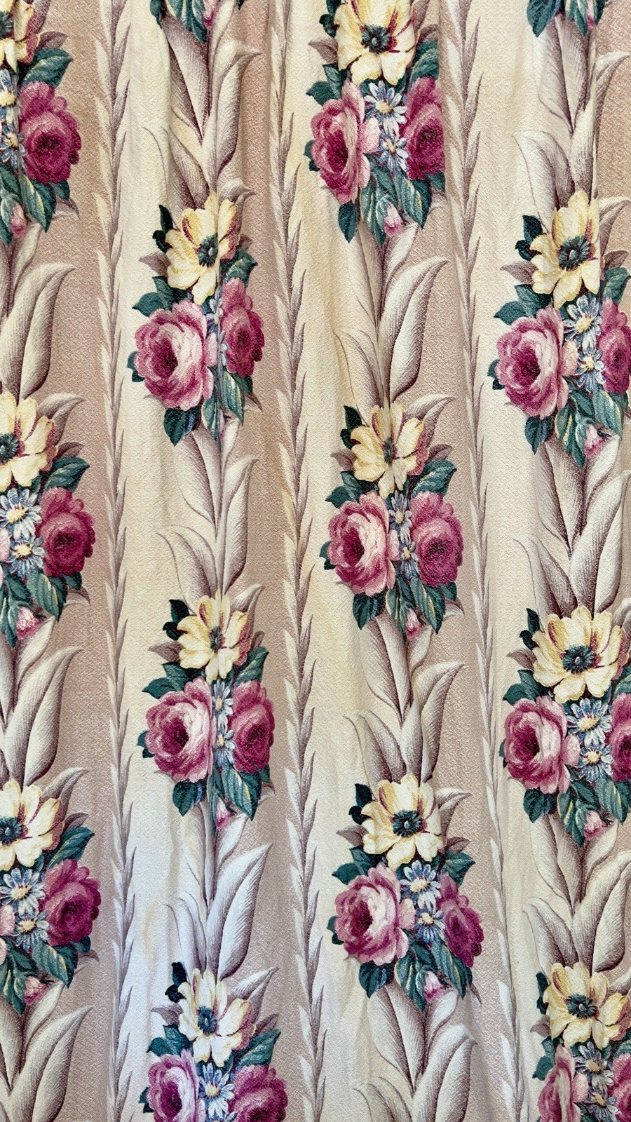 1of2 VTG 30-40s GLEN COURT ROSE FLORAL STRIPE BARKCLOTH FABRIC DRAPE PANEL 31x79