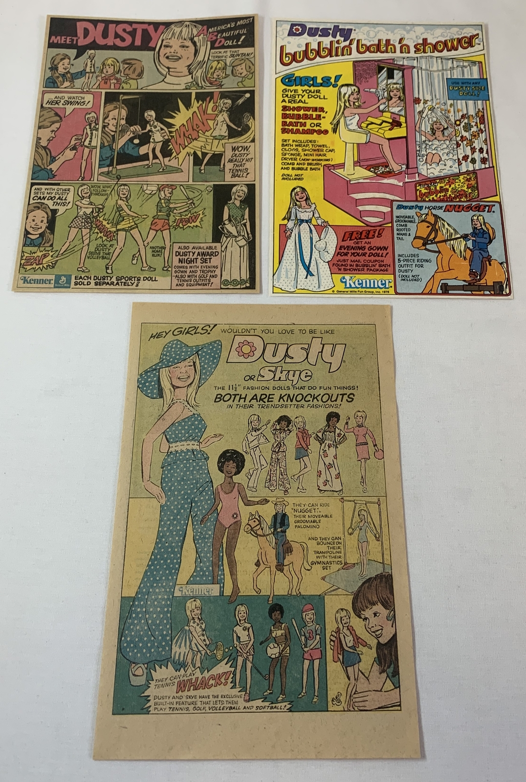 lot of three 1970s Kenner DUSTY action figure doll cartoon ads ~ 6x9