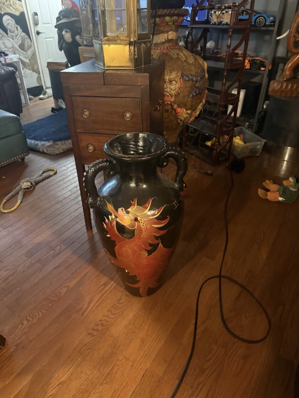 Vintage Terracotta Hand Painted Dragon & Floral Handled Floor Vase Jar Urn 30\