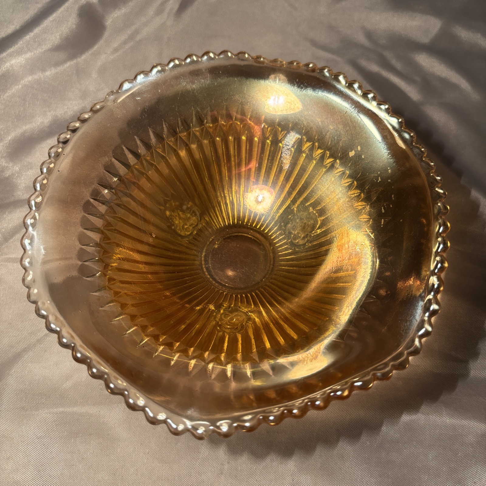 Vintage Jeannette Iridescent Marigold Carnival Glass Footed Candy Dish 6 Inches