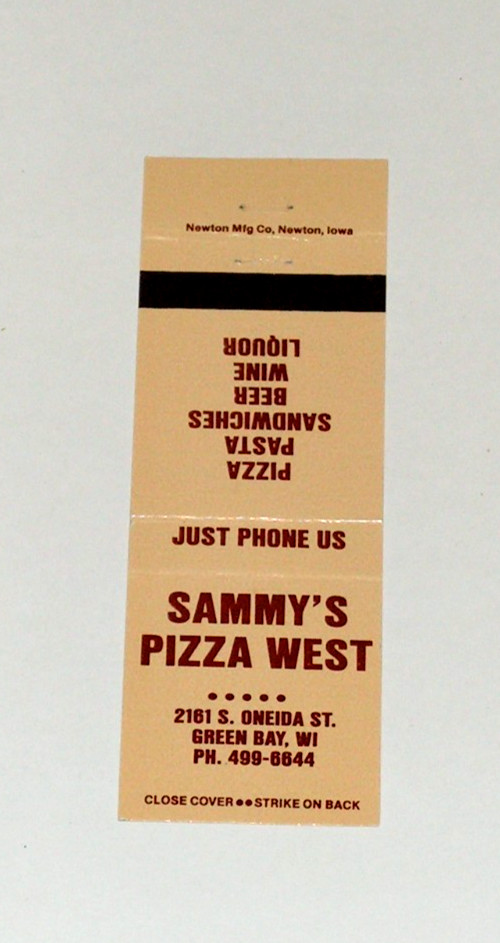 Vintage Sammy\'s Pizza West Restaurant Matchbook Cover Green Bay WI Newton Mfg.