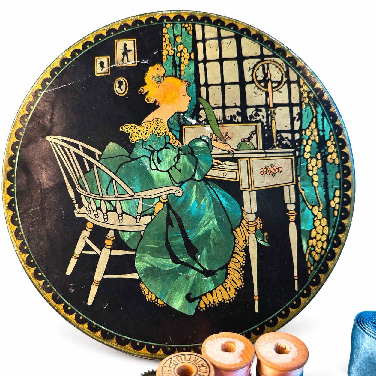 Vtg 1920s Tindeco Sunlite Tin Box Seated Lady Sewing Notions Novelties Lot