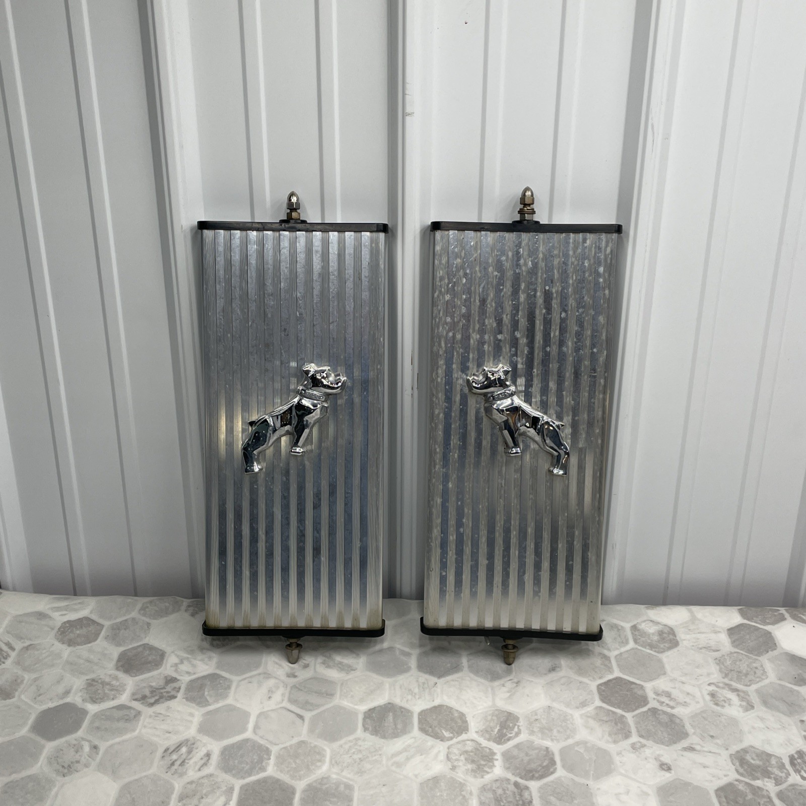 Pair Vintage Mack Truck Side View Mirrors Ribbed Back Chrome Bulldog Ornament