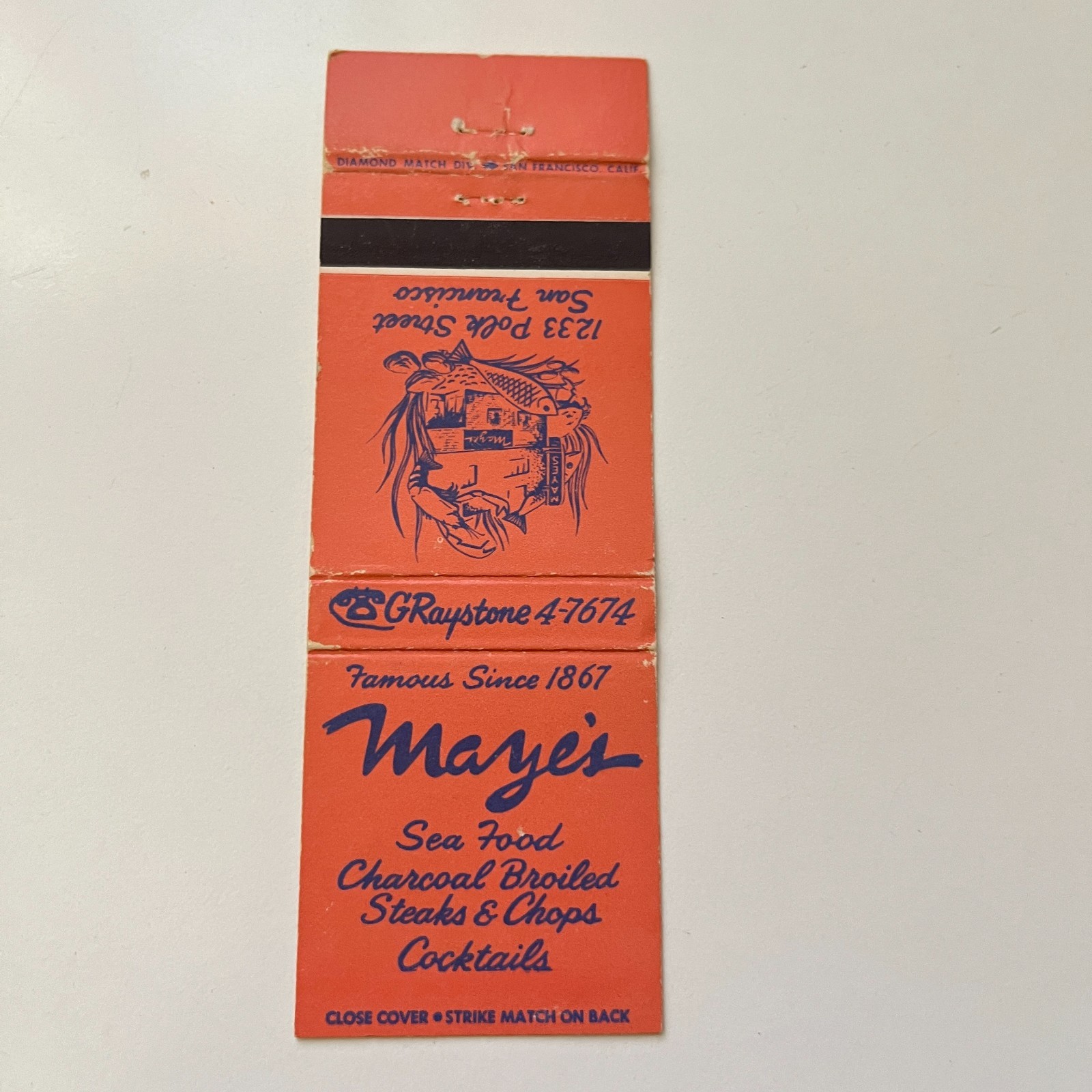 Maye\'s Sea Food Famous Since 1867 San Francisco Vintage Matchbook Cover 4MB73-4
