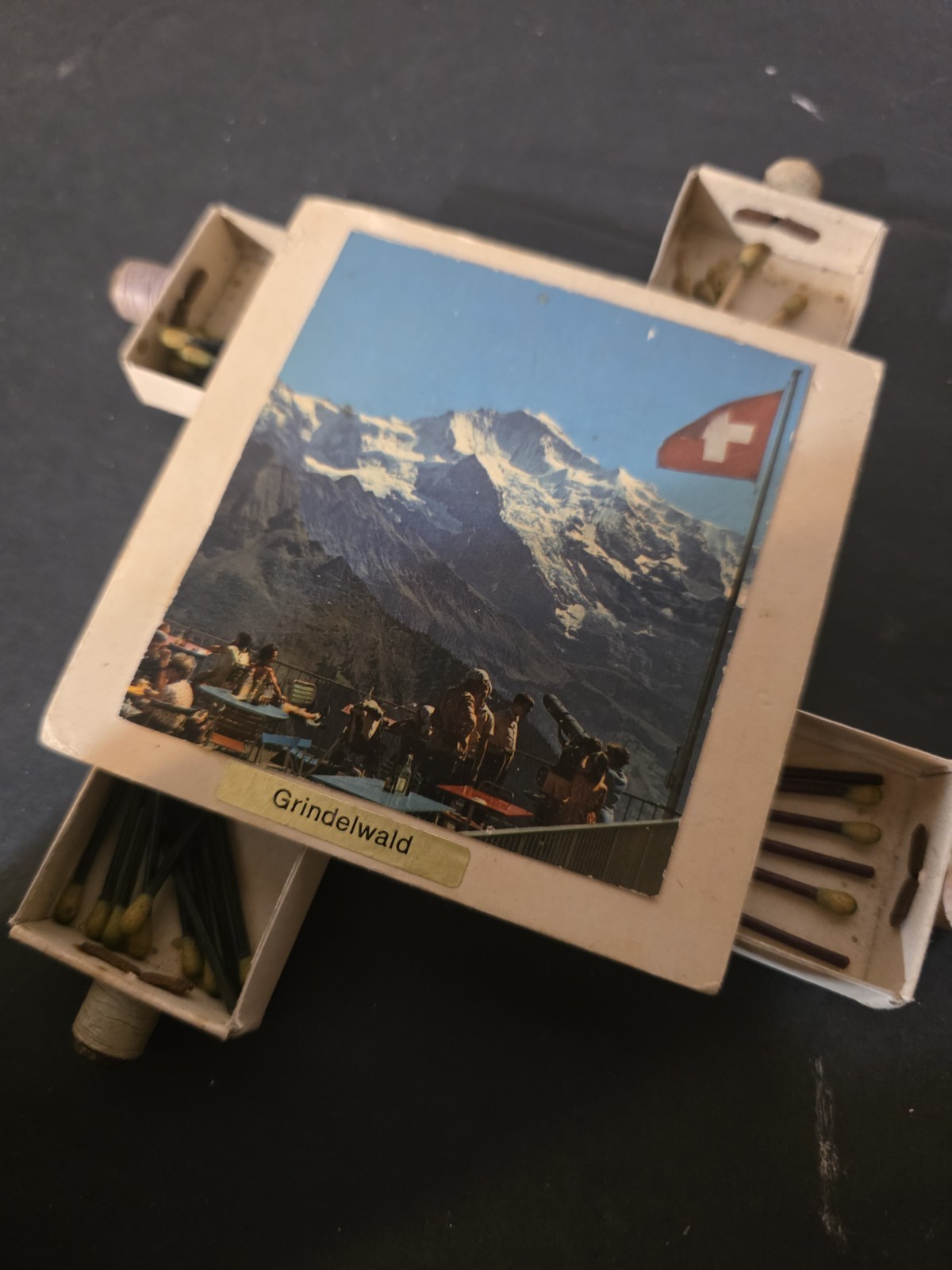 Vintage 4 Drawer Souvenir Matchbox Dispenser Swiss Mountain Matches Grindelwald