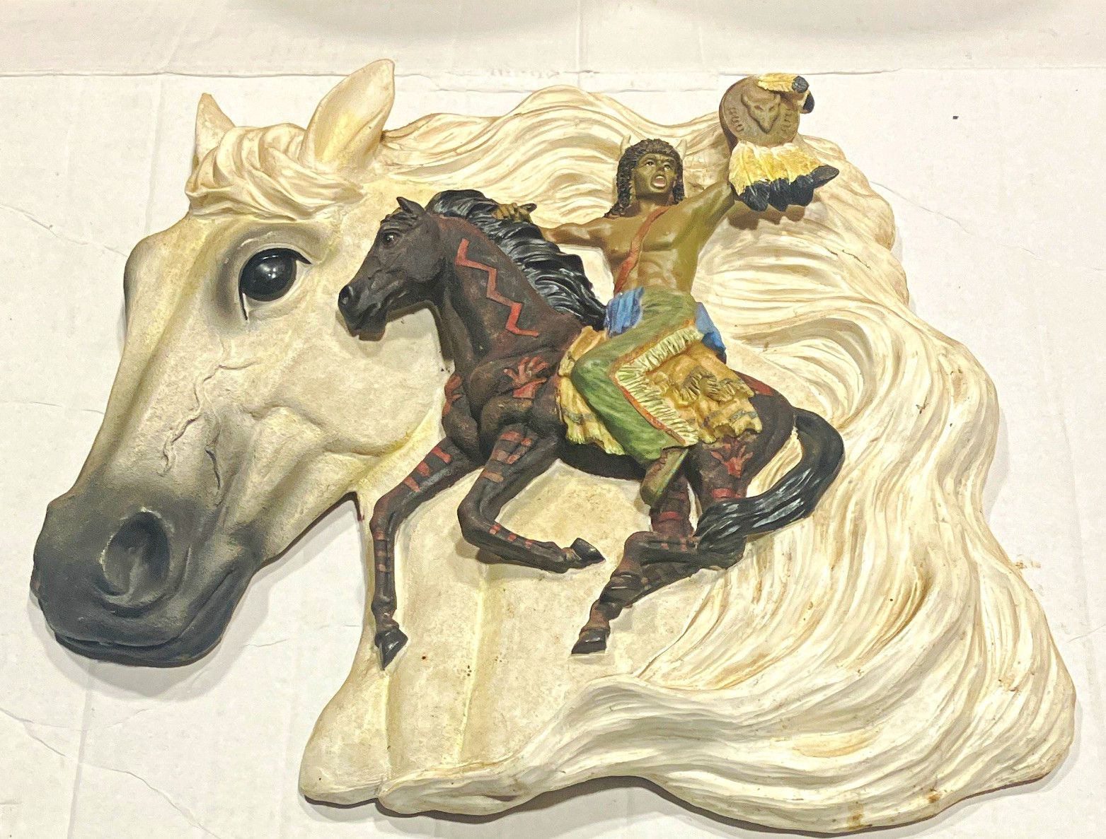 Vintage 3D Hand Painted Resin Horse Head Wall Plaque Native American Rider 11” Vintage 3D Hand Painted Resin Horse Head Wall Plaque Native American Rider 11”