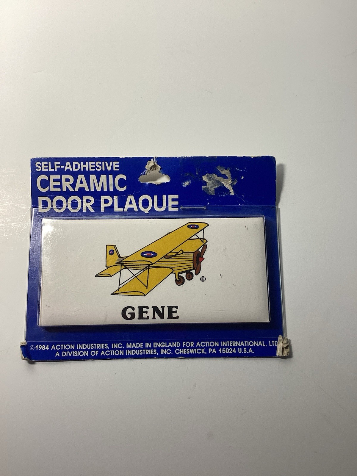 Vintage 1984 “Action Industries” Yellow Airplane Ceramic Door Plaque”GENE” Vintage 1984 “Action Industries” Yellow Airplane Ceramic Door Plaque”GENE”