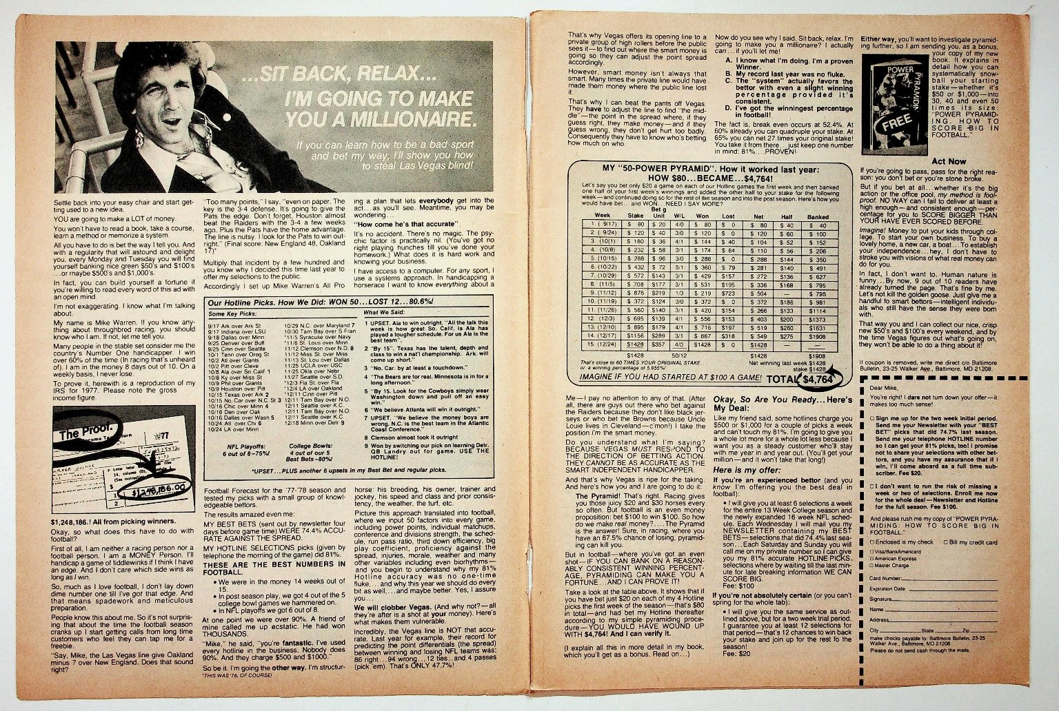 Mike Warren's All Pro 1977-78 Football Betting System Vintage Magazine Ad Mike Warren's All Pro 1977-78 Football Betting System Vintage Magazine Ad