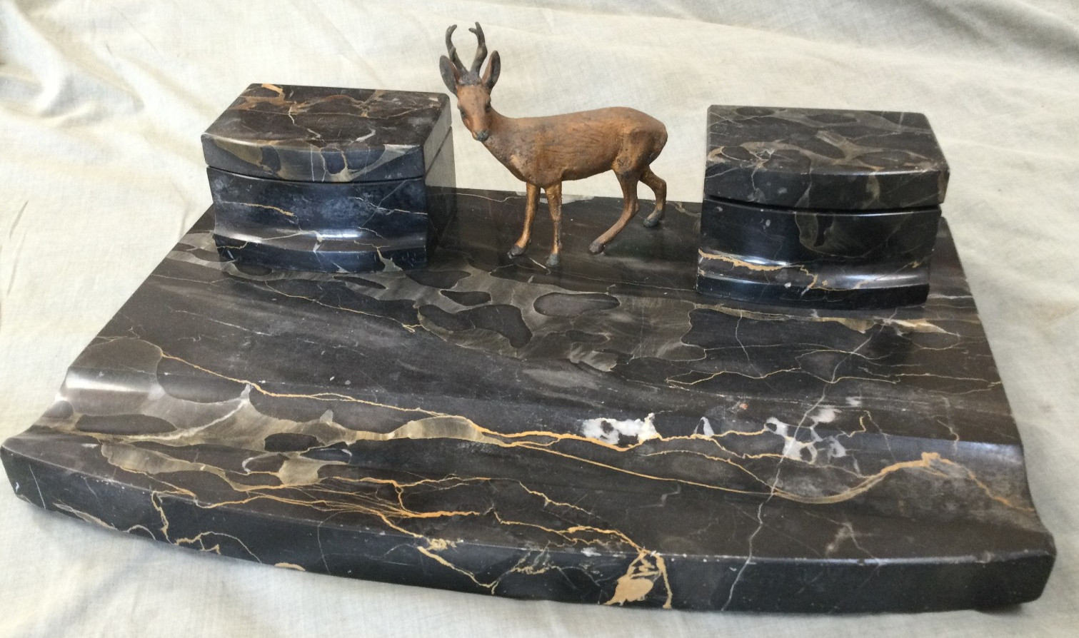 Antique Desk Top Inkwell Italian Portoro Black Marble Gold Vein - Bronze Stag Antique Desk Top Inkwell Italian Portoro Black Marble Gold Vein - Bronze Stag