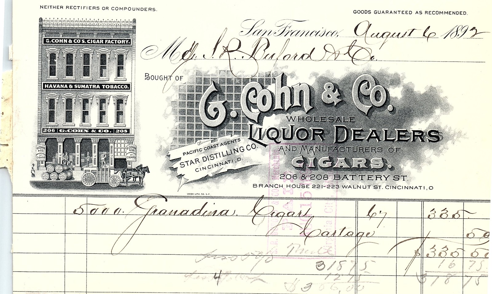 1897 G. Cohn & Co. SF Liquor & Cigars Billhead w/ factory ar