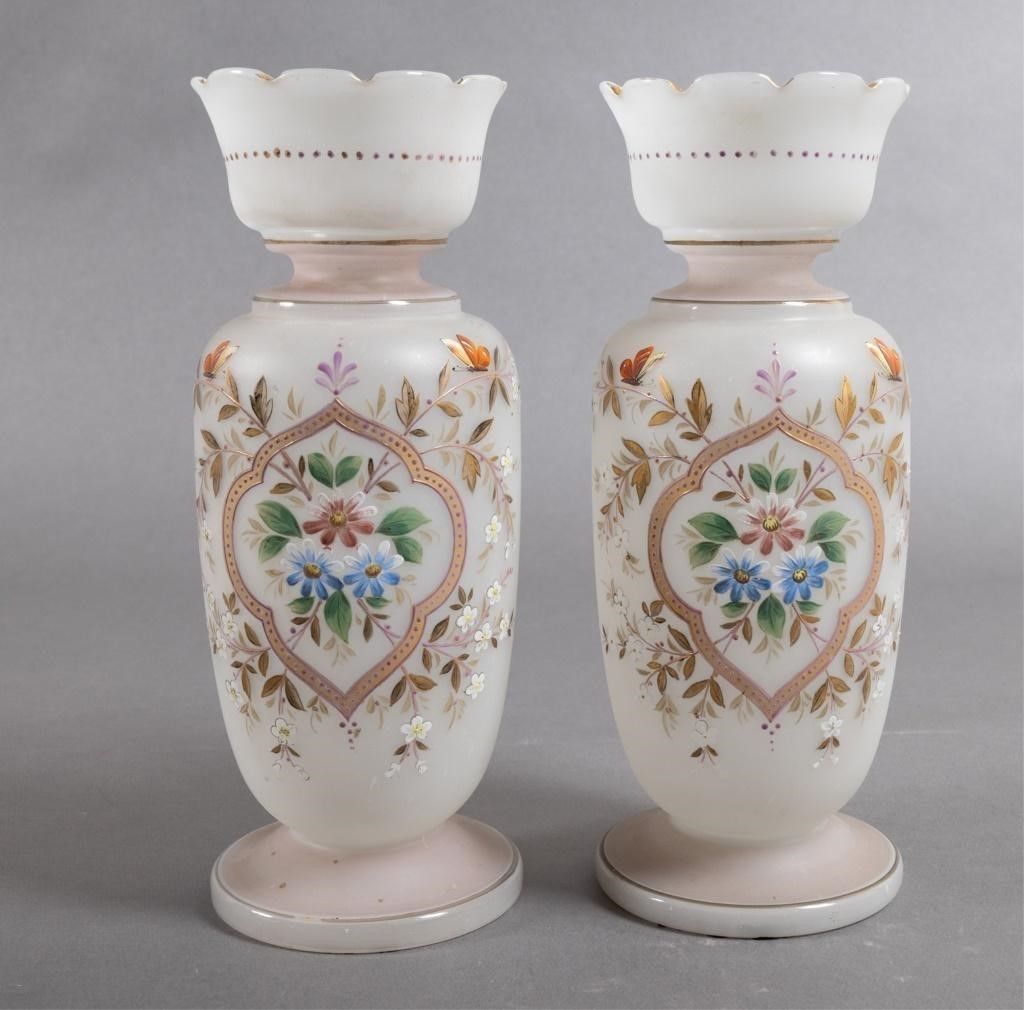 Pair of 19th Century Hand-Painted Bristol Style Glass Vase with Gilded Cartouche Pair of 19th Century Hand-Painted Bristol Style Glass Vase with Gilded Cartouche