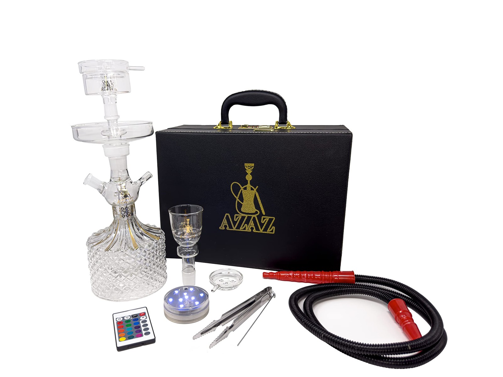AZAZ Crystal Shisha Portable Glass Hookah Set 2 Bowls LED Light Remote Case AZAZ Crystal Shisha Portable Glass Hookah Set 2 Bowls LED Light Remote Case