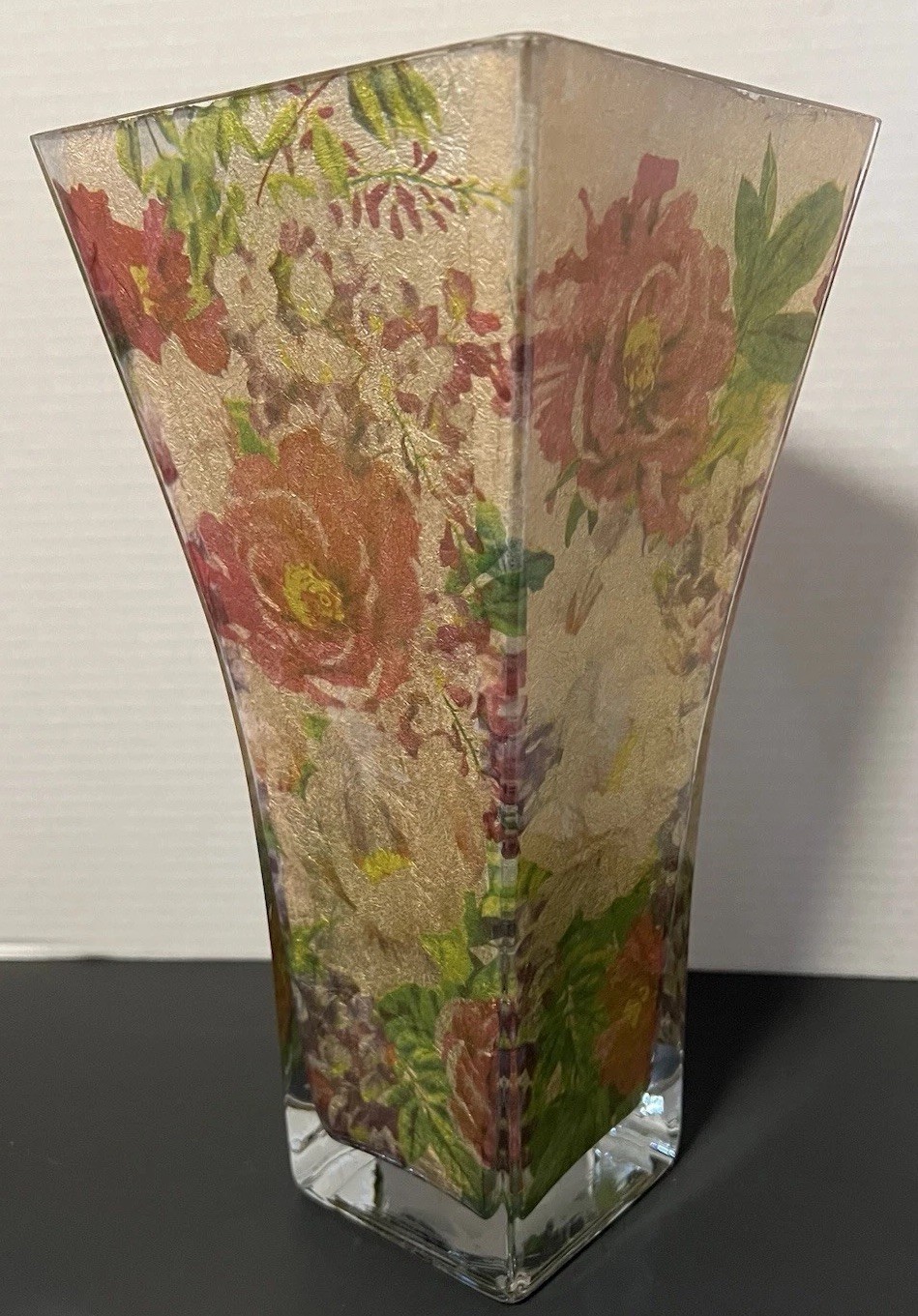 Square Glass Vase Gold Foil Flared Top Floral Handcrafted 11”H Heavy Square Glass Vase Gold Foil Flared Top Floral Handcrafted 11”H Heavy