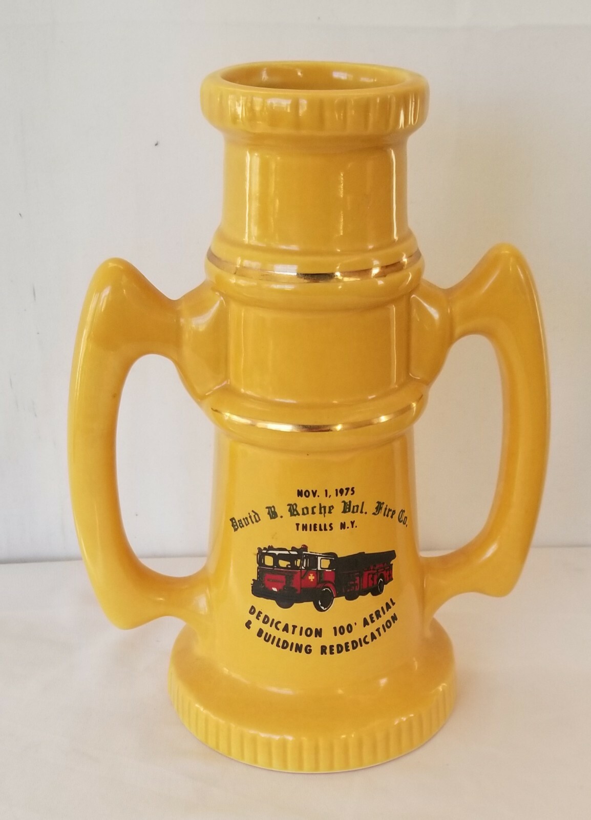 Thiells NY 1975 Fire Dept. Engine Co. Yellow Mug Stein Ceramic