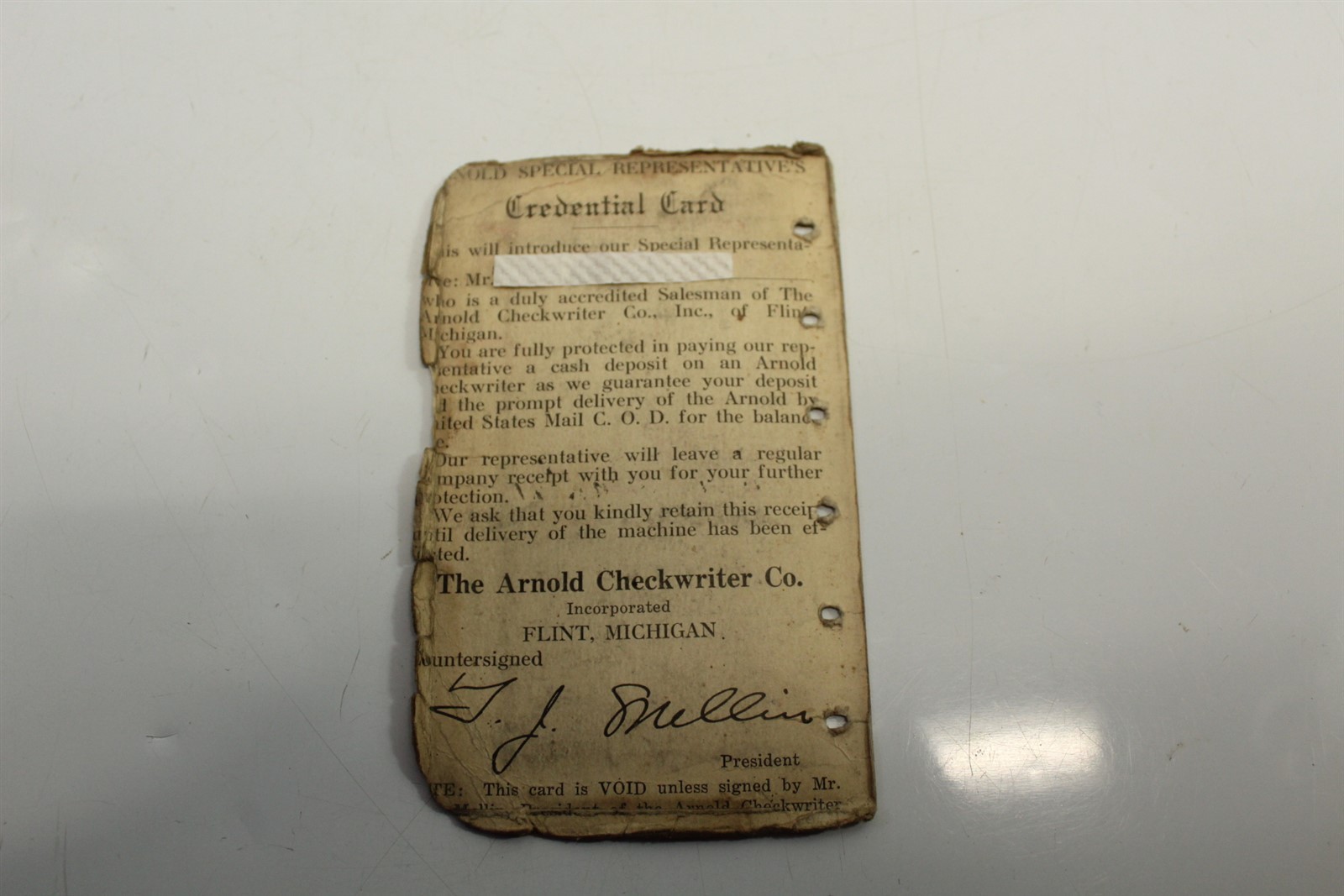 Vintage Advertising Ca. 1930\'s Arnold Checkwriter Co. Credential Card Flint, MI