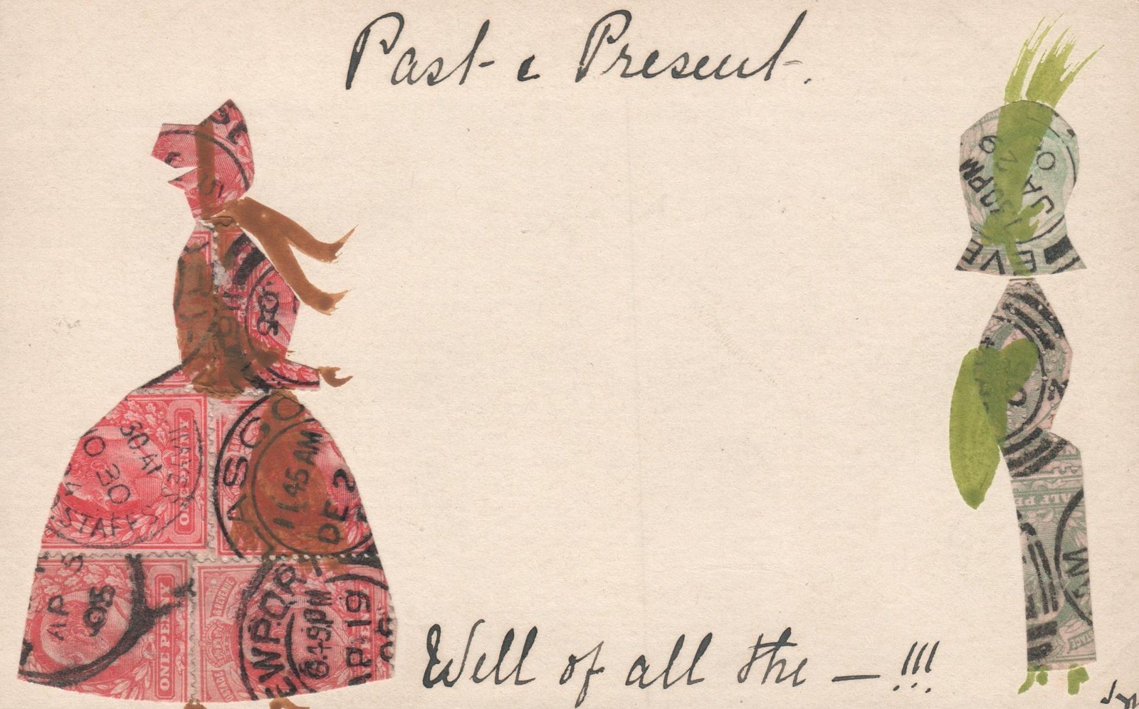Antique Stamp Collage Postcard Past Present Fashion Illustration Folk Art Vtg Antique Stamp Collage Postcard Past Present Fashion Illustration Folk Art Vtg