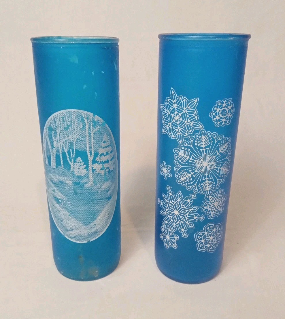 2Vintage Pre- 1970’s Frosted Cylinder Candleholder with Winter Scene 9 Inch Tall