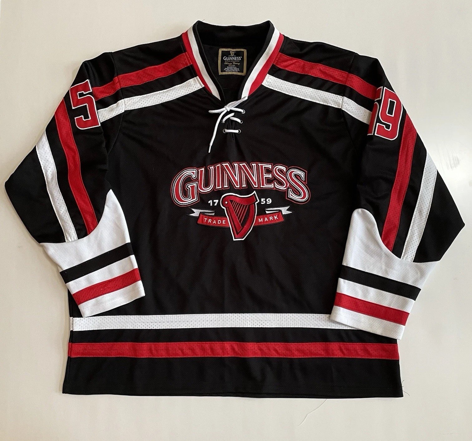Guinness Hockey Jersey Mens 2XL Black Lace Up Mesh Beer Logo Long Sleeve Adult