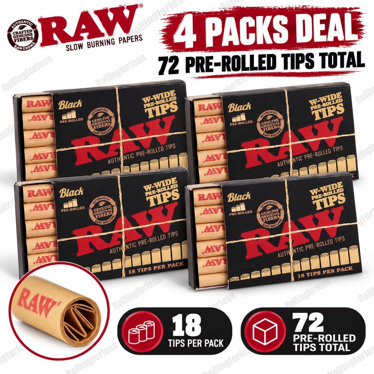 RAW Black W-Wide Pre-Rolled Extra Wide Tips 4 Packs 72 Total RAW Black W-Wide Pre-Rolled Extra Wide Tips 4 Packs 72 Total