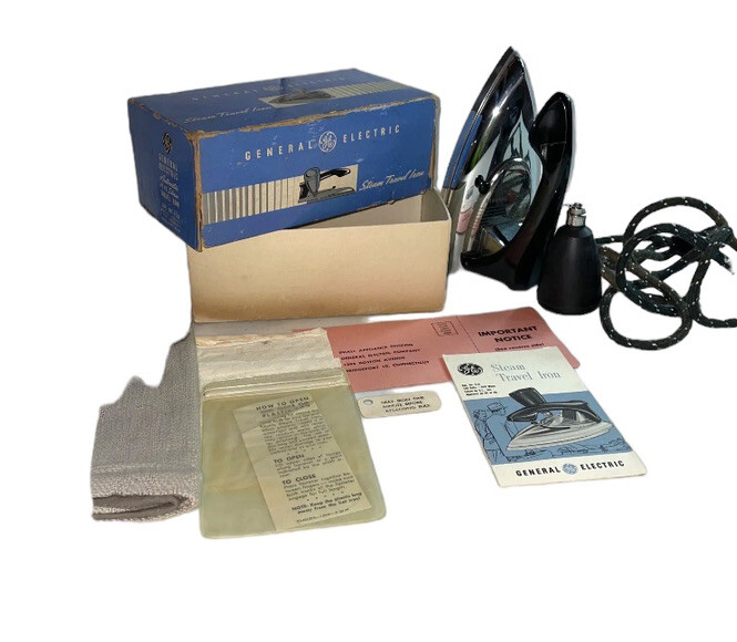 Vintage General Electric Portable Travel Steam Iron G19 Box, Instructions & Bag