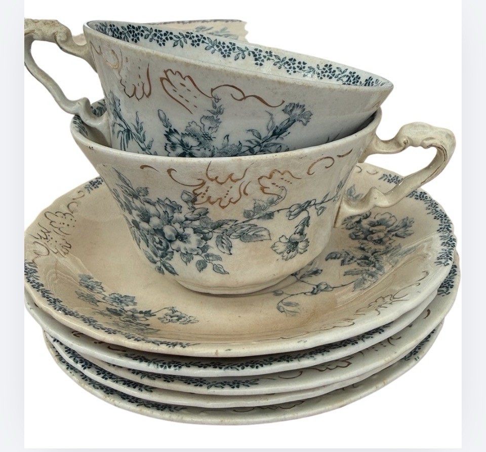 Antique John Edwards MAINE 5 Tea Cups & Saucers Green Transfer Gold Gilt c1890s