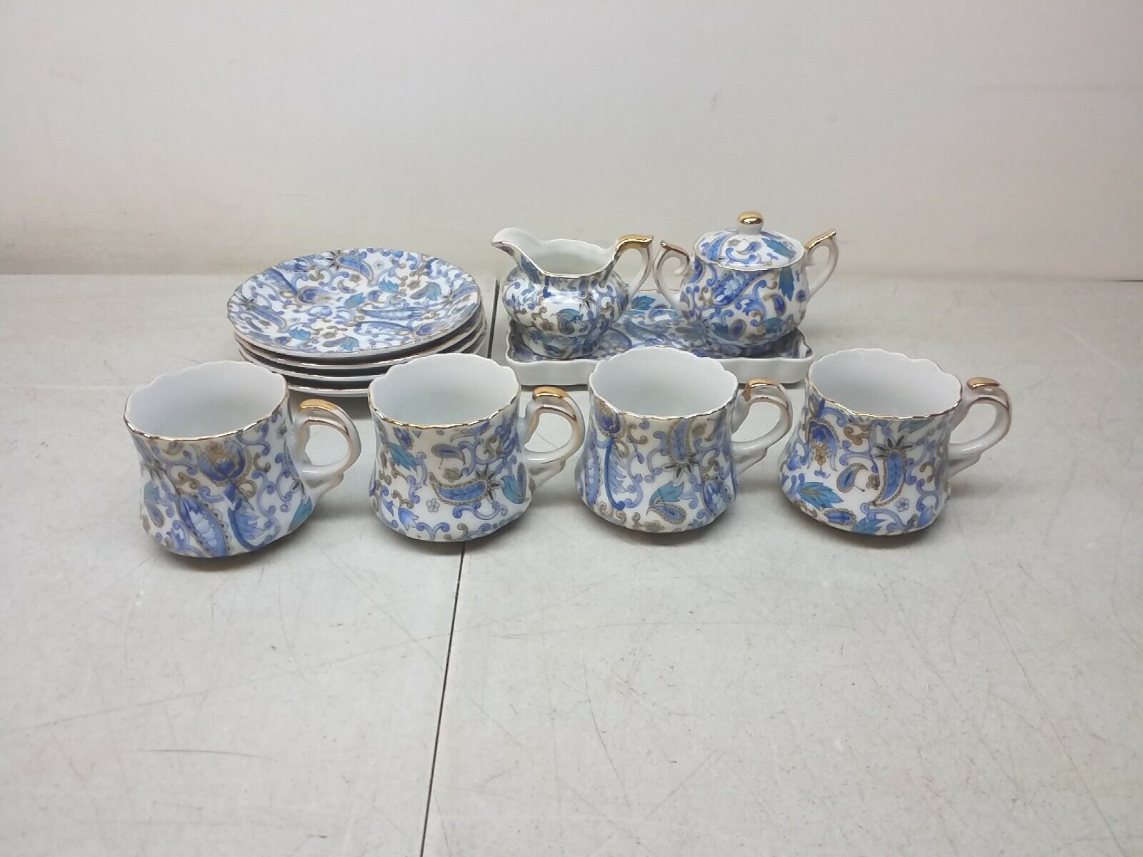 Lefton Blue Paisley Chintz Coffee Tea Set Items Vintage Gold Trim Collectibles  