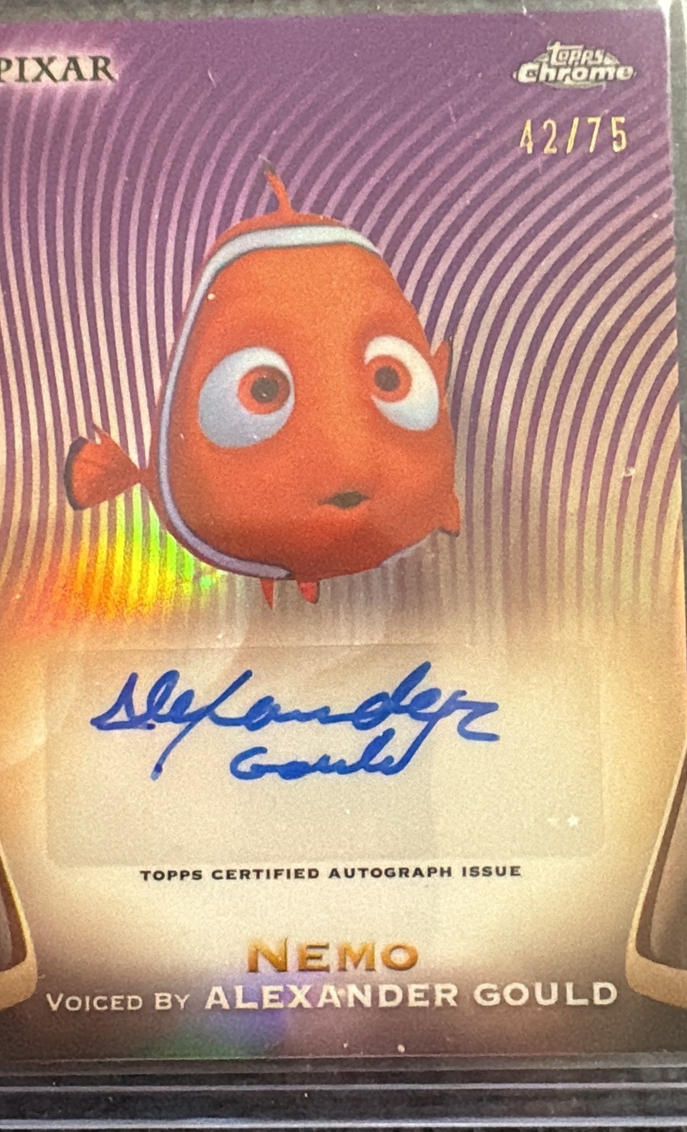 2025 Topps Chrome Disney Pixar Nemo Alexander Gould Auto Purple Refractor 42/75