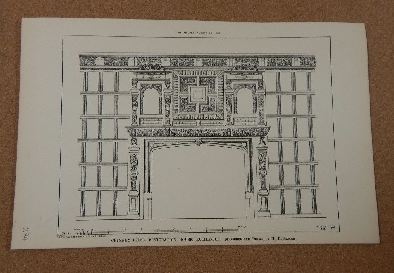 Antique Architects print Chimney piece Restoration House Rochester,builder 1885