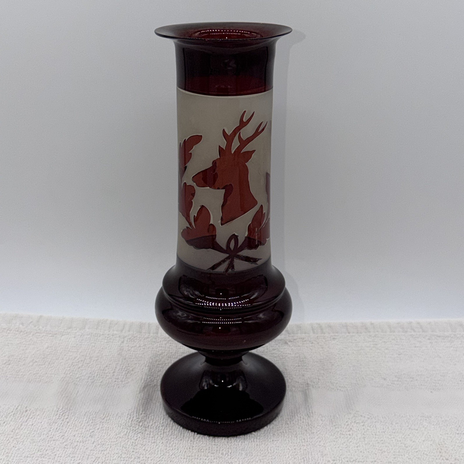Vintage Bohemian Ruby Red Frosted Glass Stag Deer Pedestal Vase Approx. 12