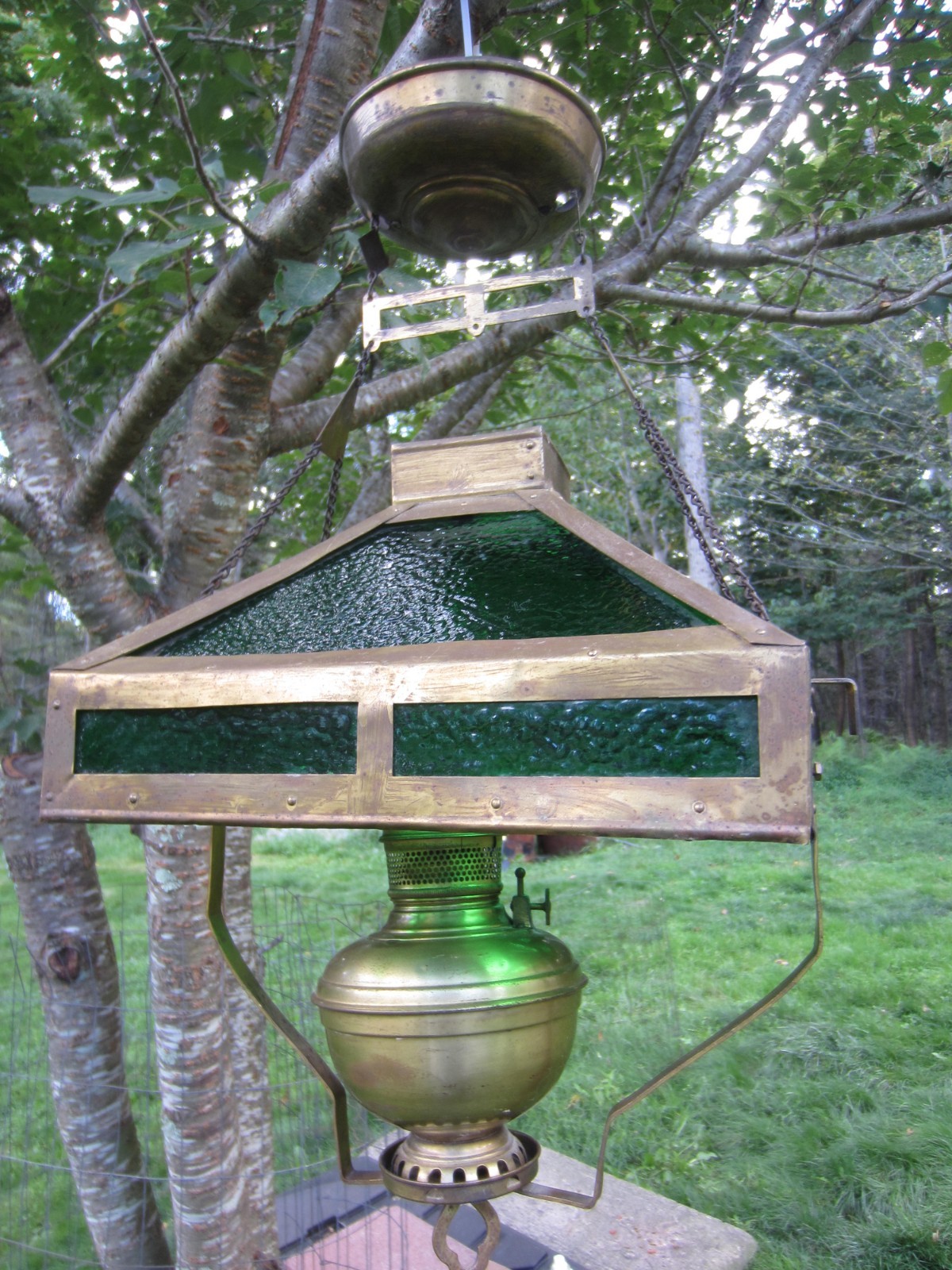 ANTIQUE OIL LAMP CHANDELIER EMERALD GREEN KEROSENE HANGING LANTERN W/ ELEVATOR