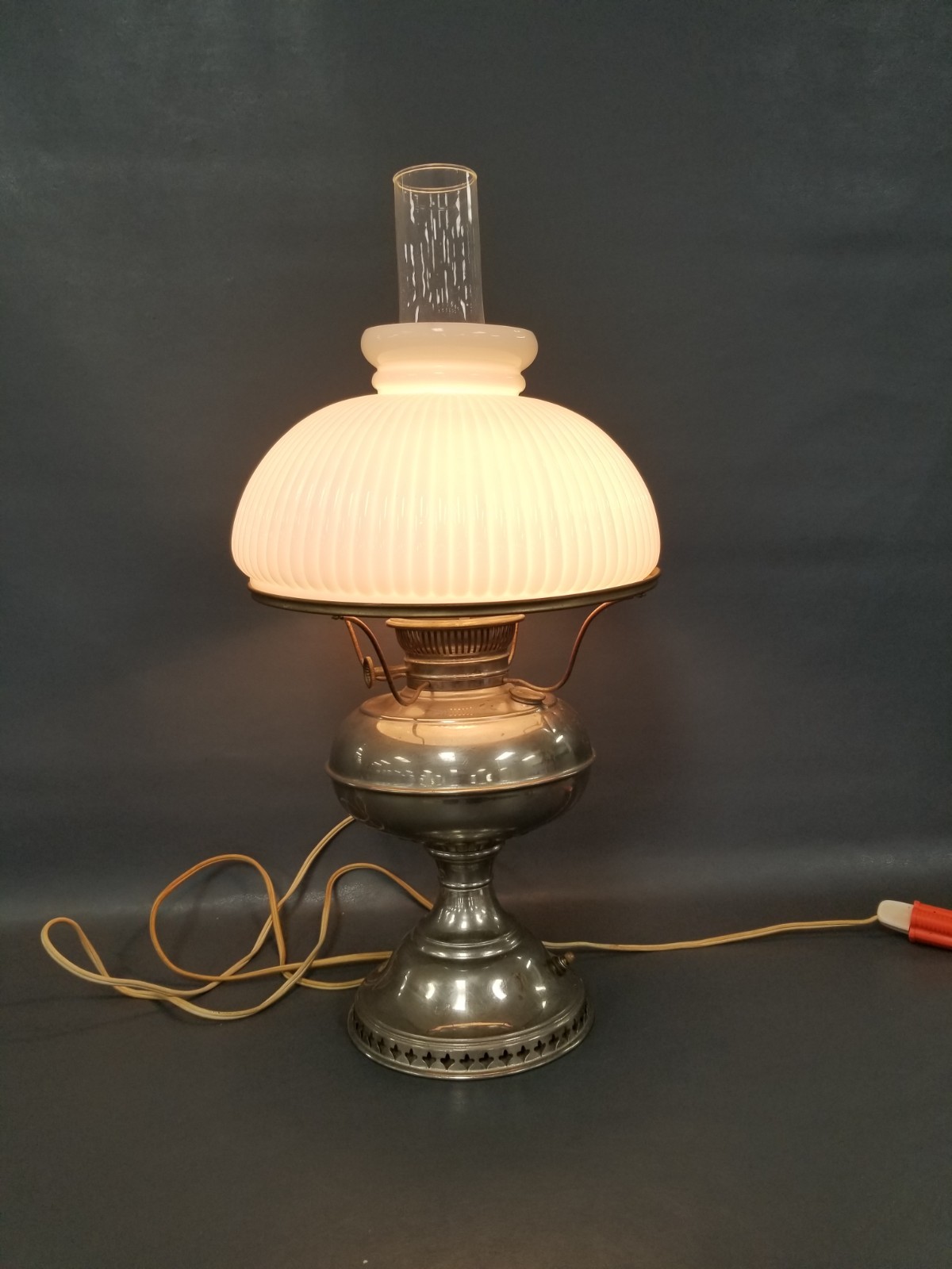 Antq Rayo Silver/Nickel Plate Converted Elec Oil Lamp-WORK-Milk Glass Shade READ