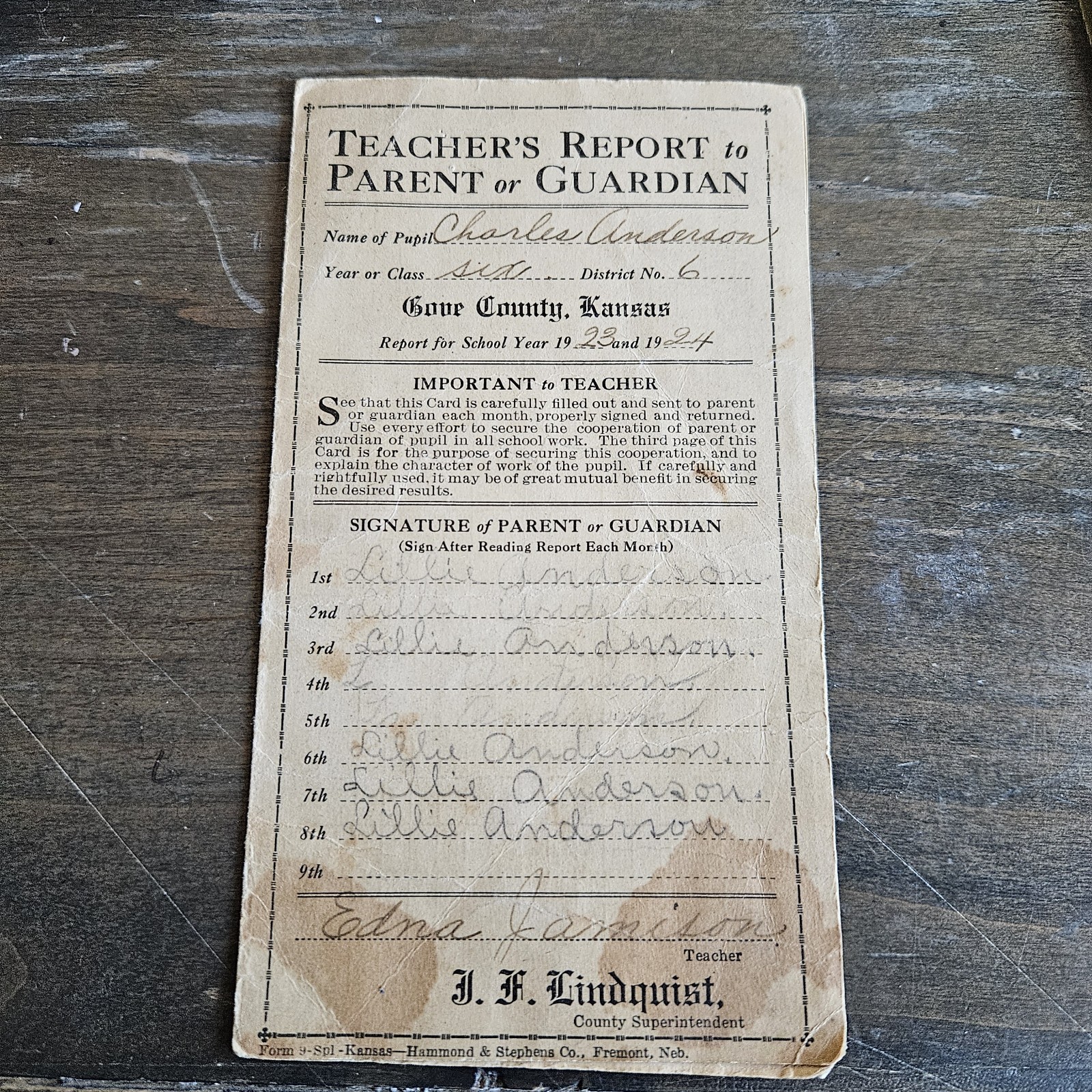 ANTIQUE 1924 TEACHER\'S REPORT TO PARENT STUDENT REPORT CARD GOVE COUNTY KANSAS ANTIQUE 1924 TEACHER\'S REPORT TO PARENT STUDENT REPORT CARD GOVE COUNTY KANSAS