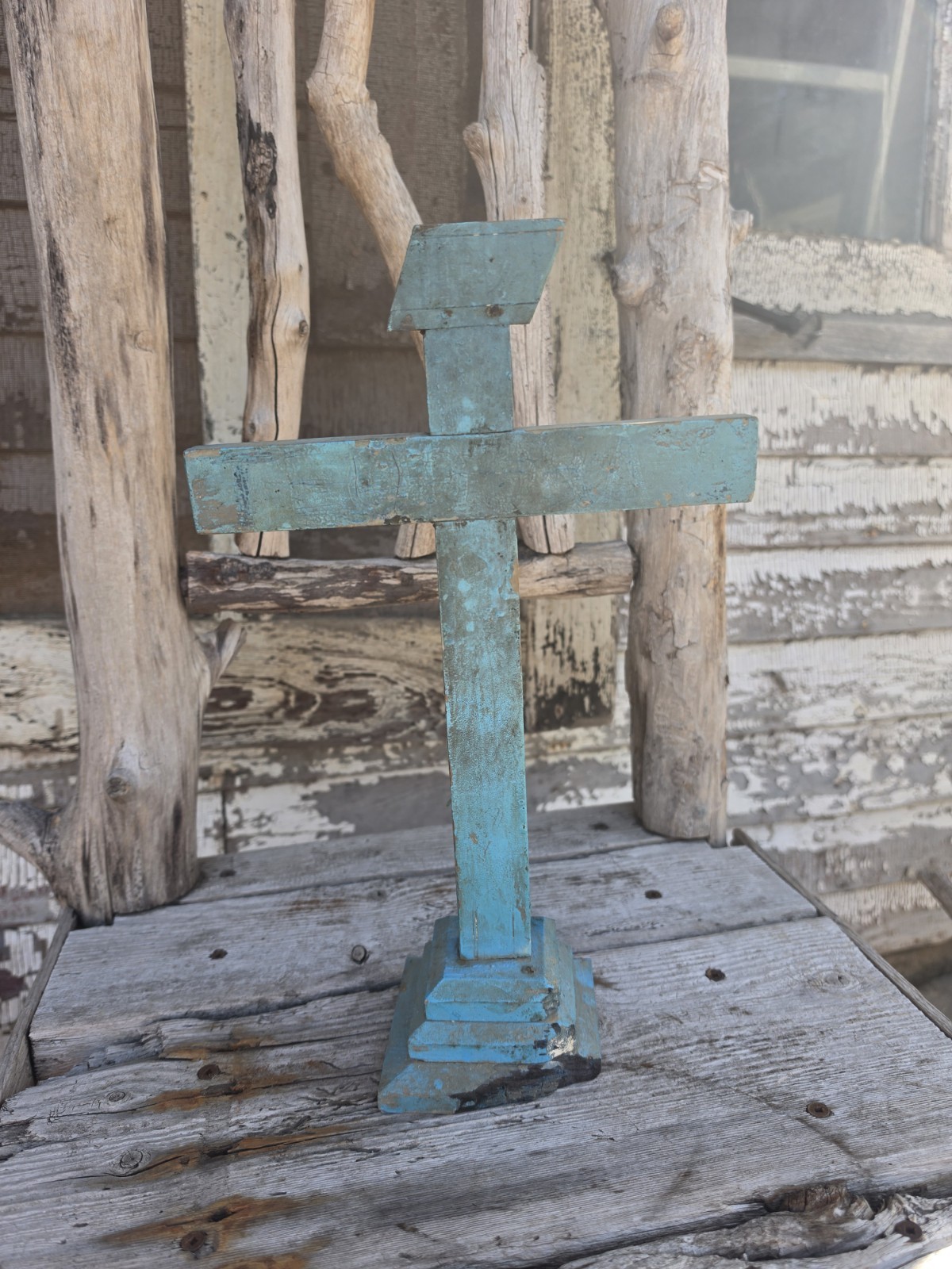 Antique Blue Painted Mexican Folk Art Wooden Cross, INRI TEODORA, Gift of God