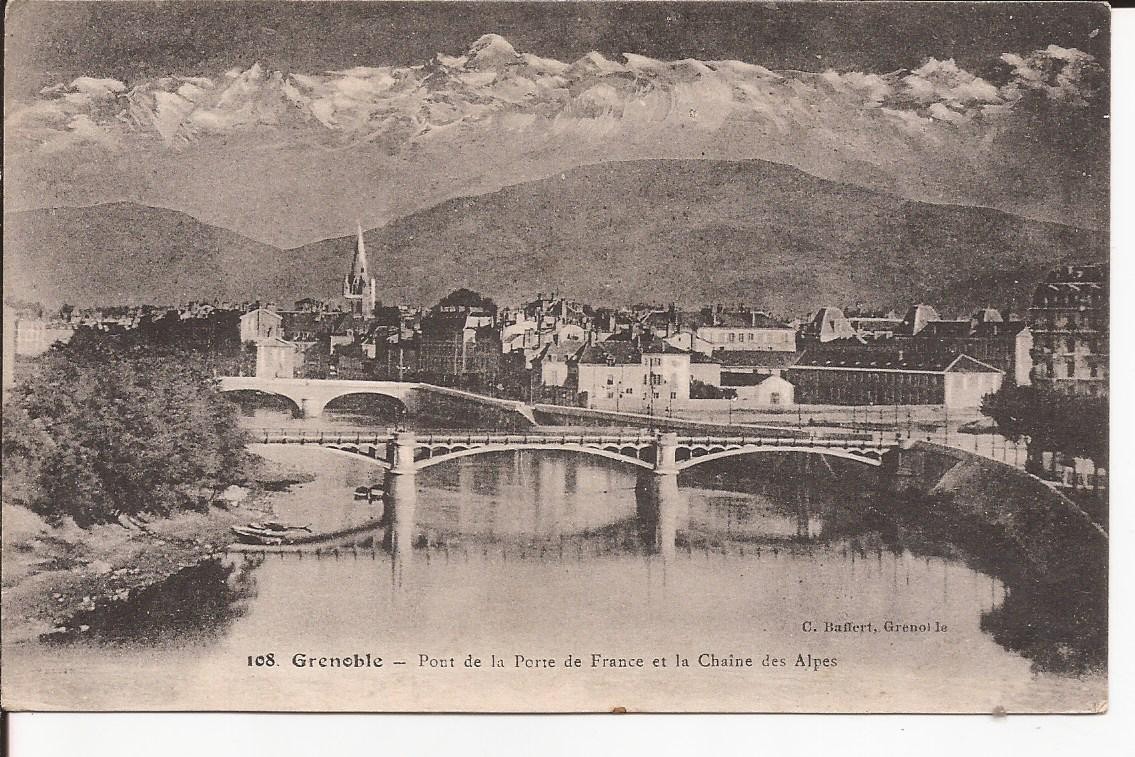 Old postcard 38 Grenoble Pont de la Porte de France and the Chain of the Alps
