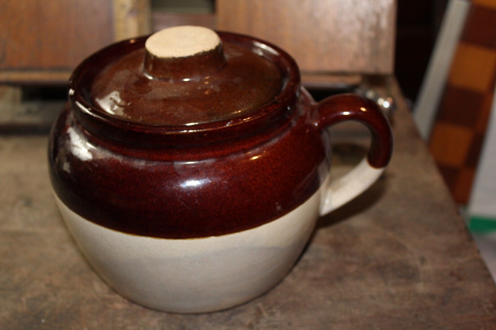 Antique Brown Glaze Ceramic Crock Bean Pot USA 6\