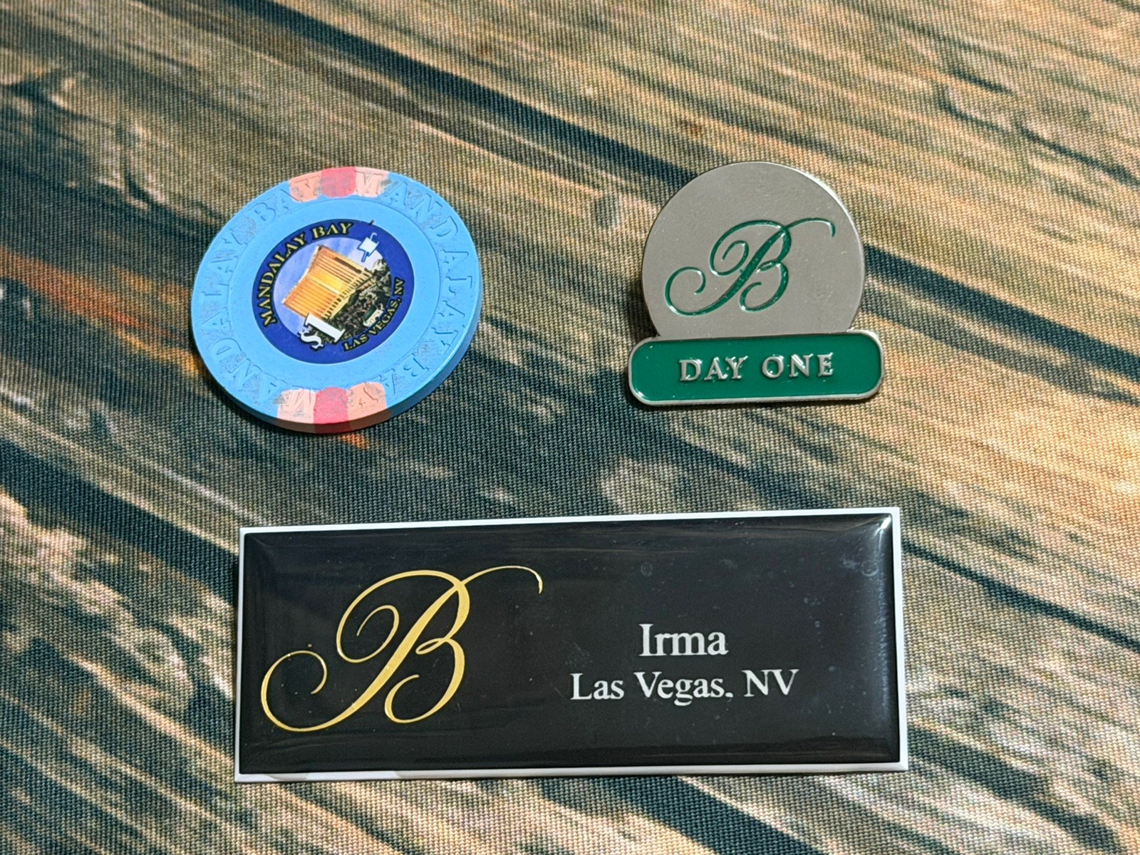 1998 Bellagio Casino First day Open Pin RARE Employee Name Tag Mandalay Bay Chip