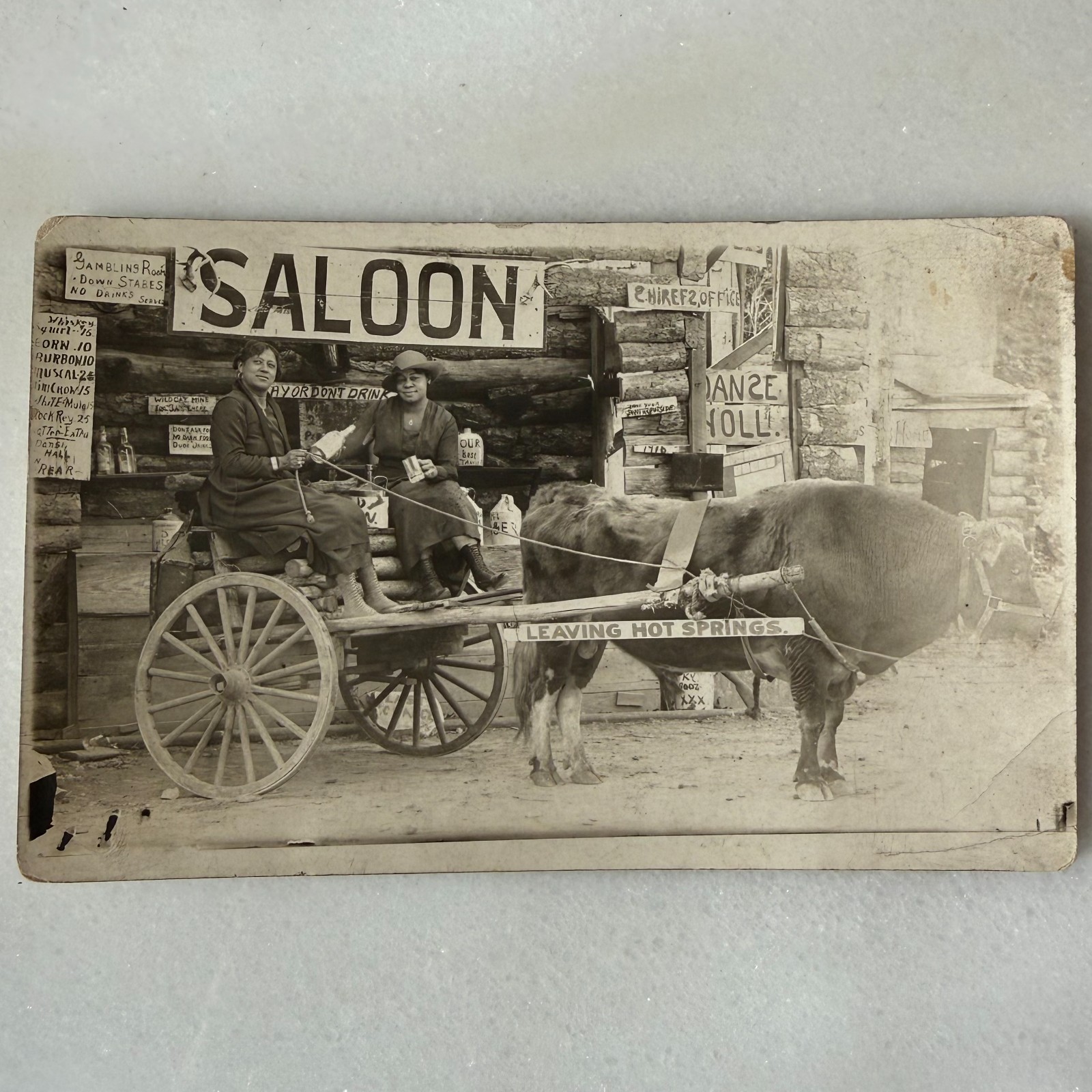 VTG Postcard RPPC c1920s Hot Spring African American Black Women Ox Cart Saloon