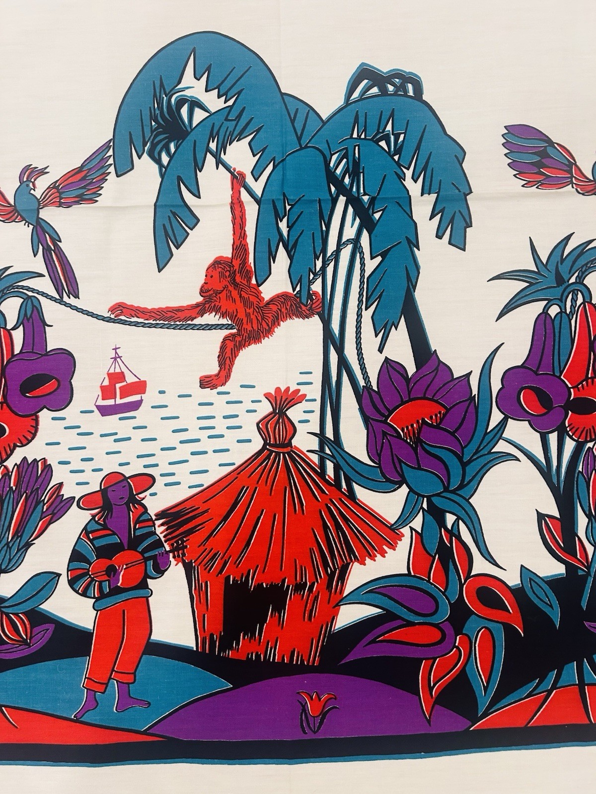 VTG 50s Tropical Novelty Cotton Border Print Fabric Jungle Monkey Tiki 35”X 4 YD