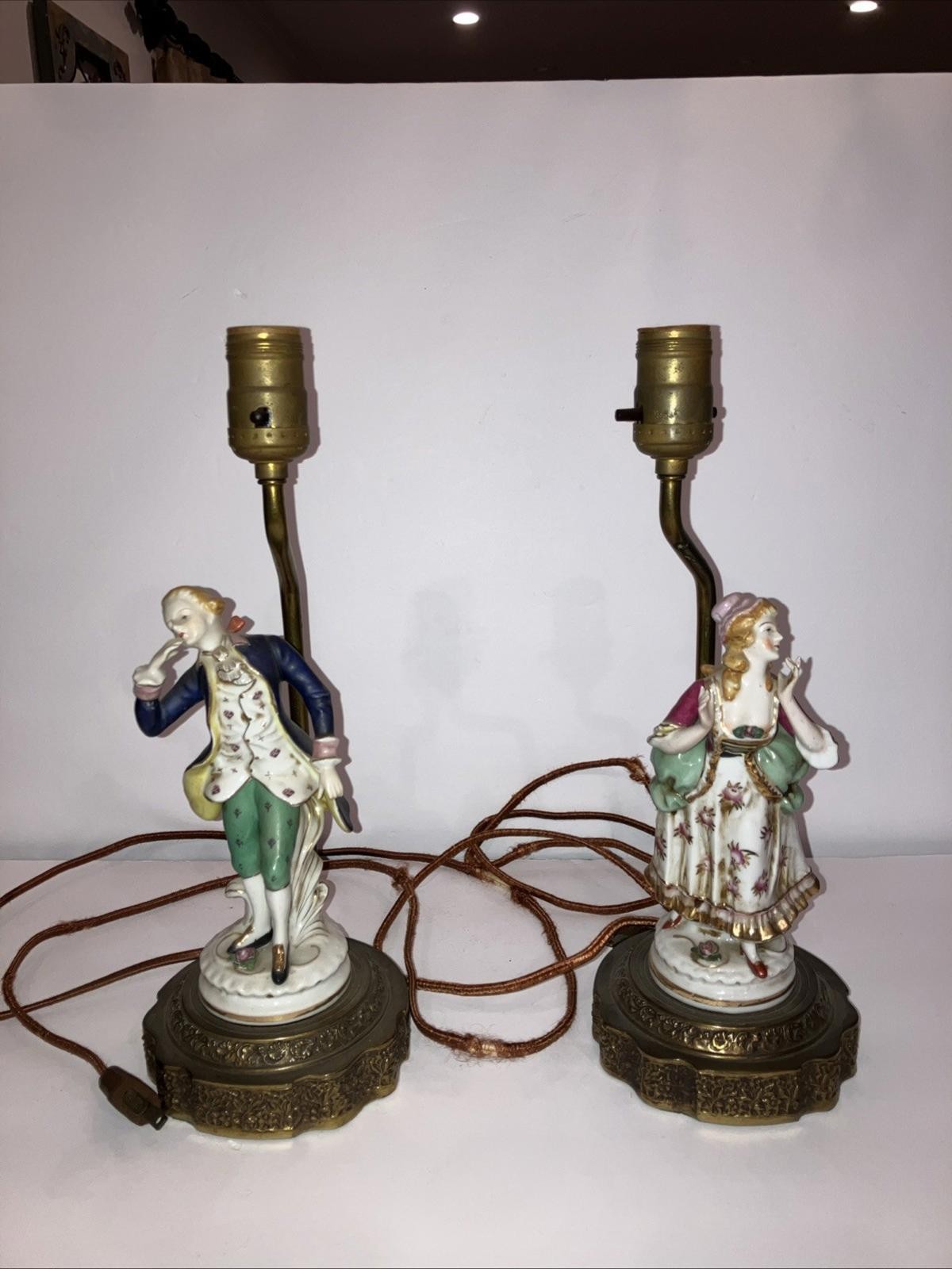Pair Antique Porcelain Figural Lady & Man Lamp Brass Pedestal Base Both Work Pair Antique Porcelain Figural Lady & Man Lamp Brass Pedestal Base Both Work