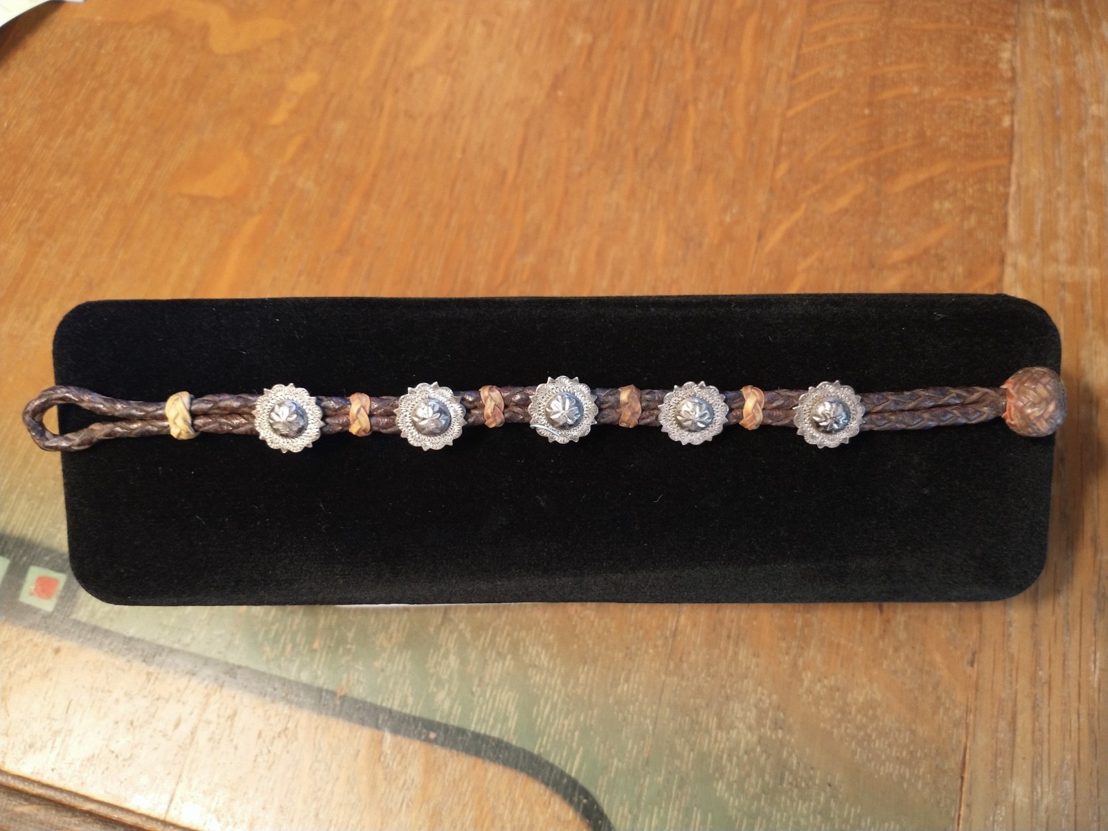 Vintage Sterling Silver Pico Concho Rawhide & Leather Braided Western Bracelet Vintage Sterling Silver Pico Concho Rawhide & Leather Braided Western Bracelet