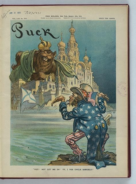 Photo:Russia Moscow 1912 Puck Cover Uncle Sam Jewish Man Bear Cartoon